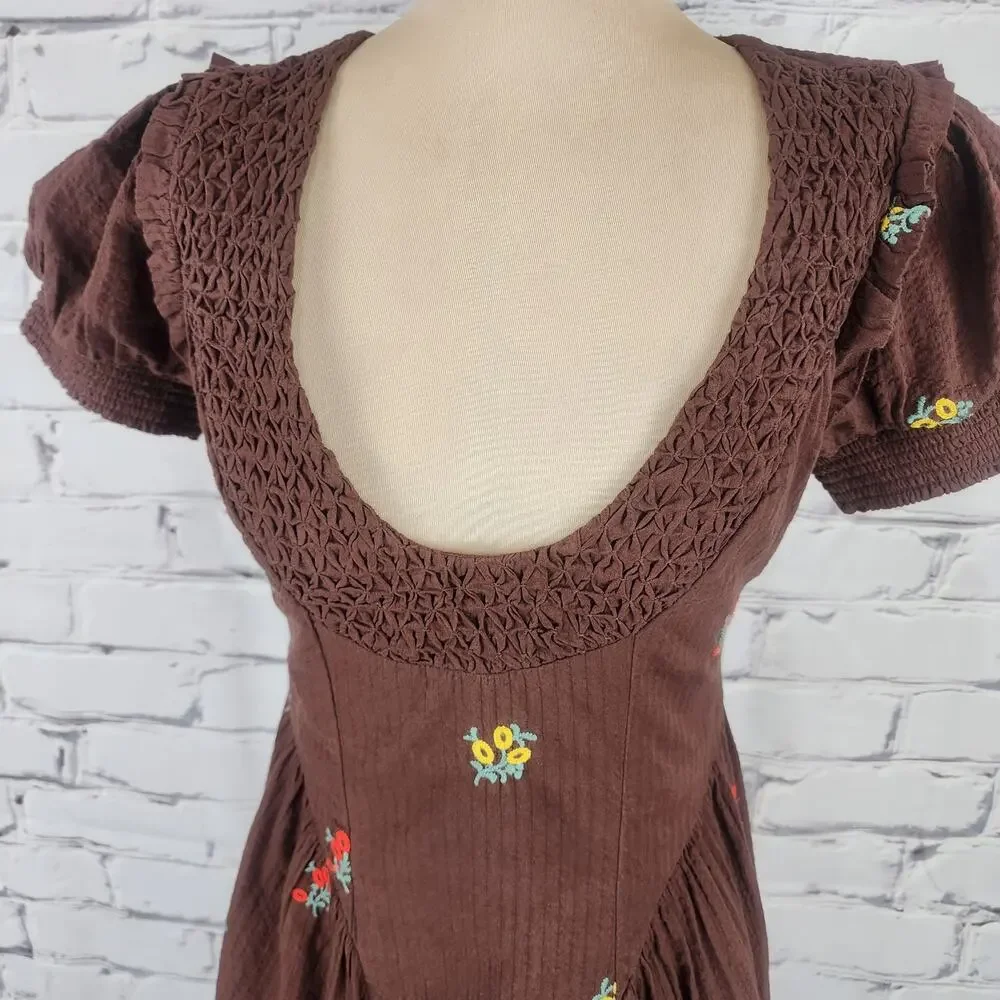 Free People Dress Maisie Midi Brown Floral Boho Embroidered size XS Cottage Core - Picture 11 of 13